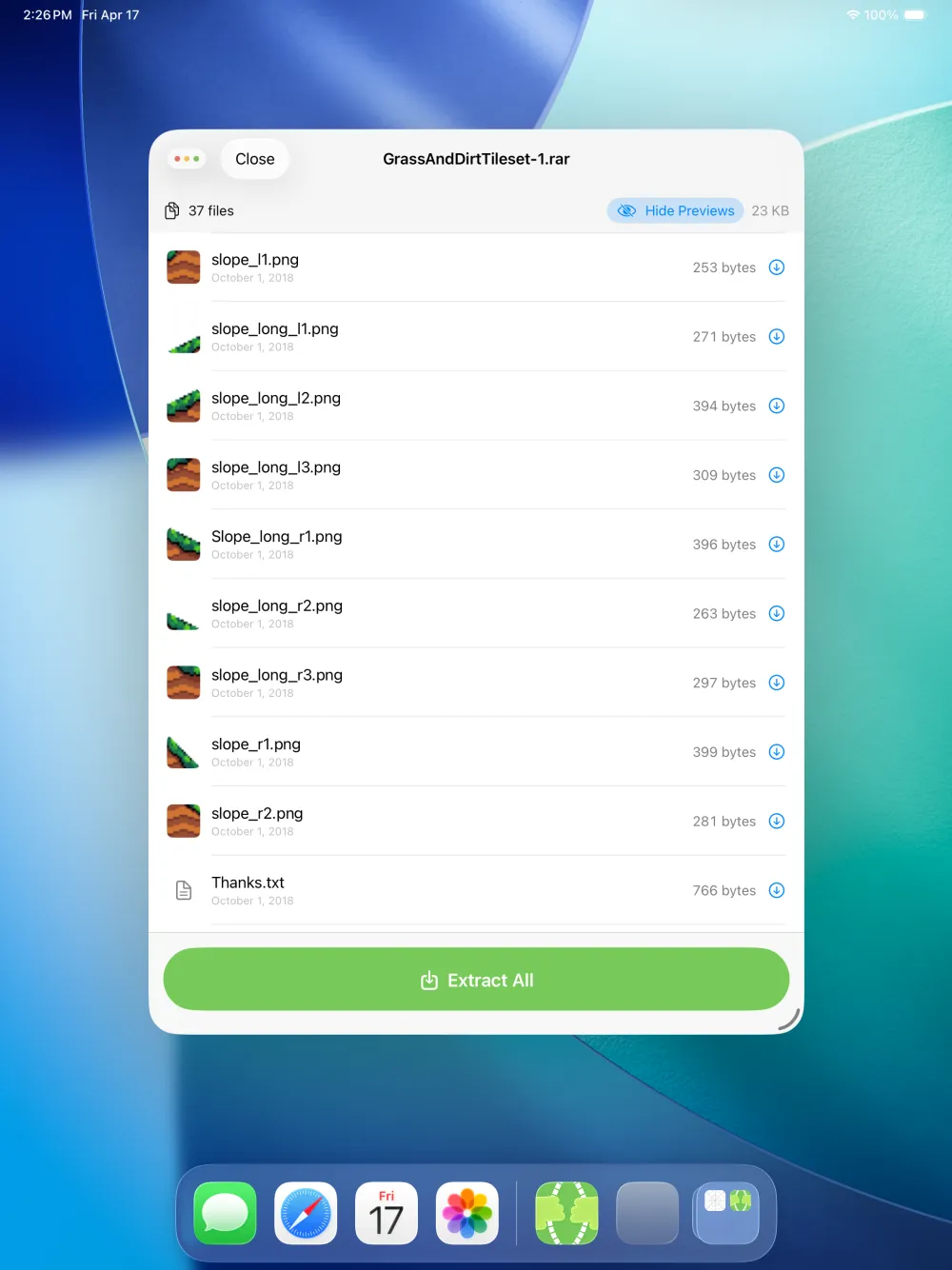 7zen on iPad showing the contents of a .rar archive with image thumbnail previews and an Extract All button