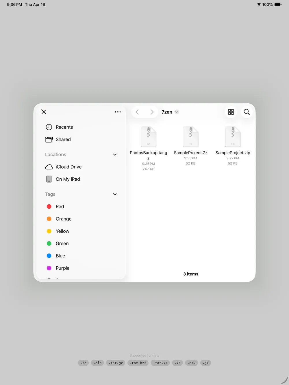 iPad file picker in 7zen showing PhotosBackup.tar.gz alongside .7z and .zip archives