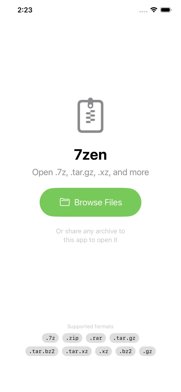 7zen home screen on iPhone with a Browse Files button and supported format tags